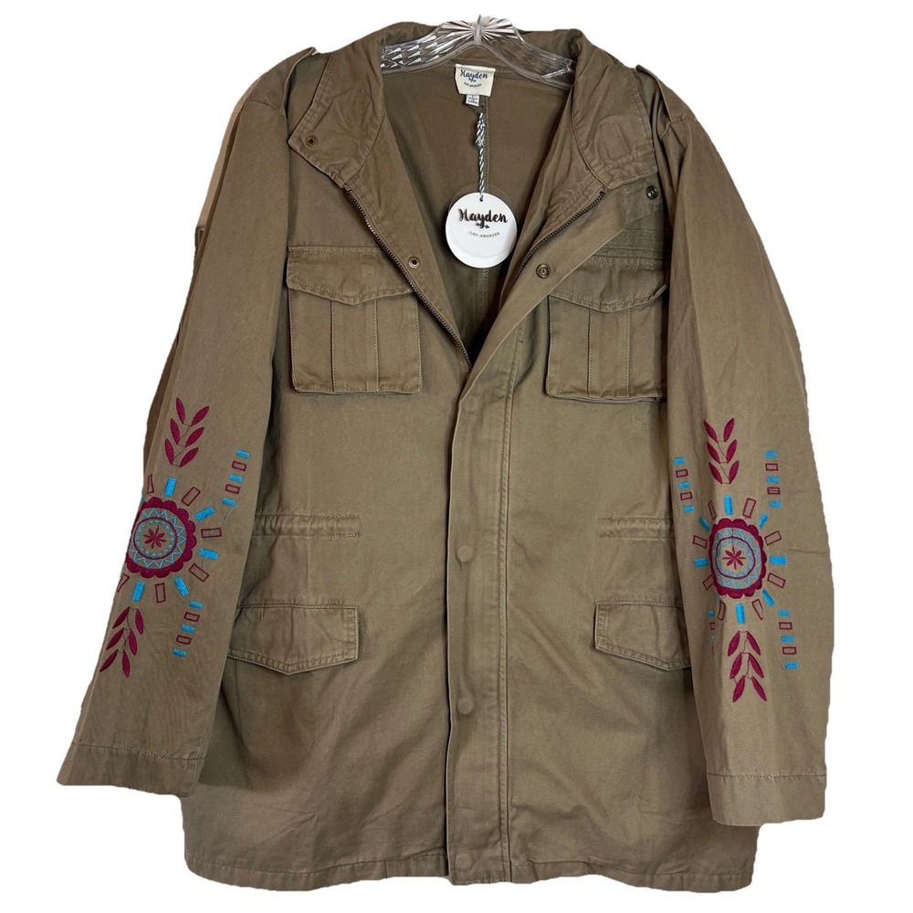 NWT Hayden LA Embroidered Tribal Cargo Jacket in Olive Green Sz Large - Picture 2 of 11